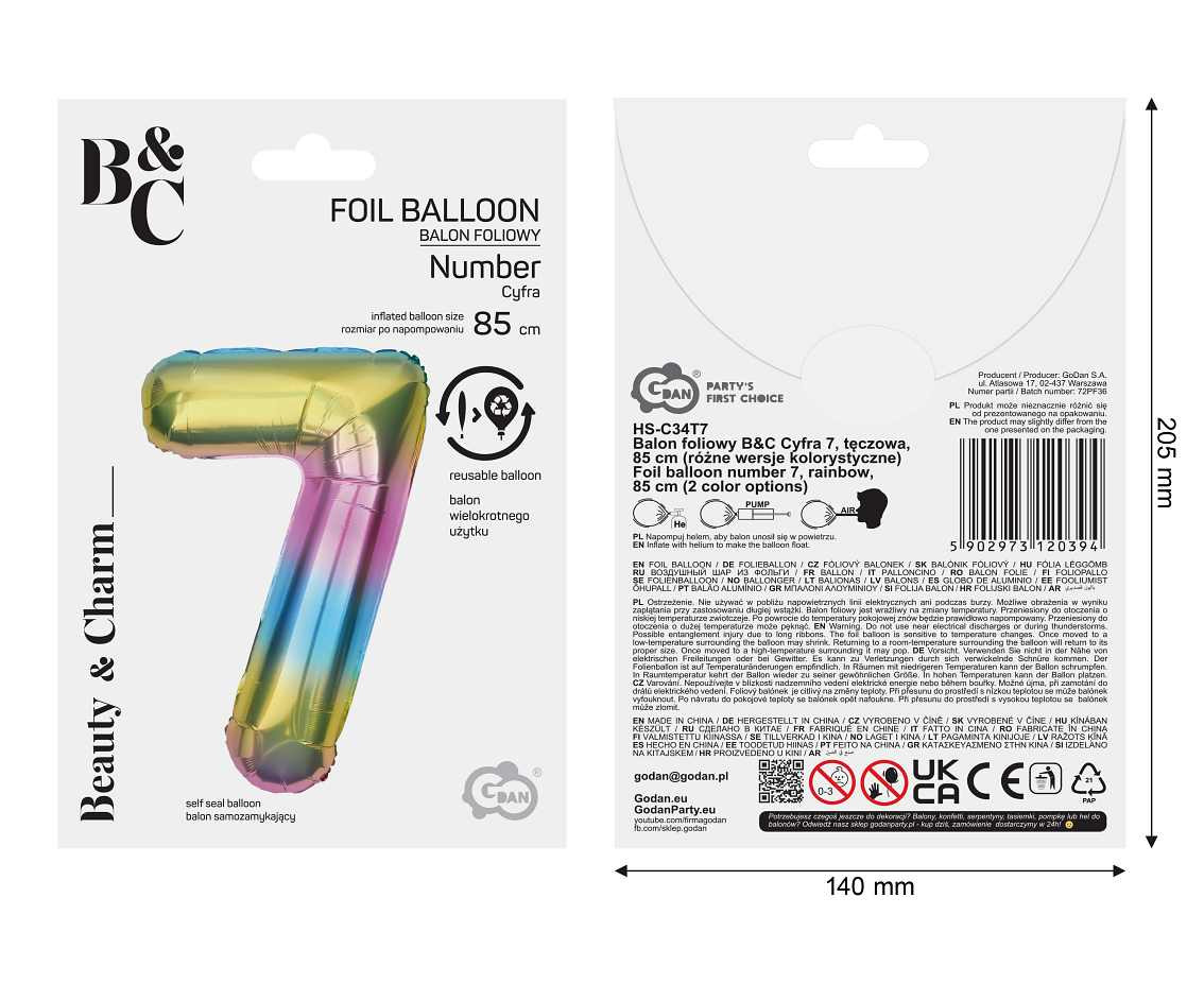 Foil balloon number 7, rainbow, 85 cm